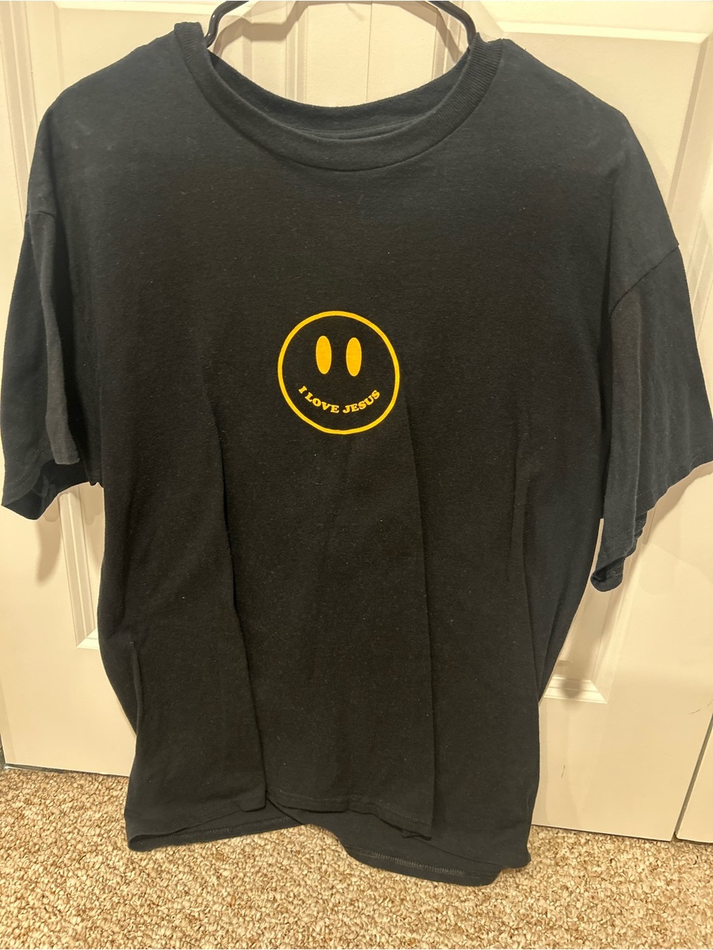 Black Short Sleeve Tee with Yellow Smiley 'I Love Jesus' Graphic